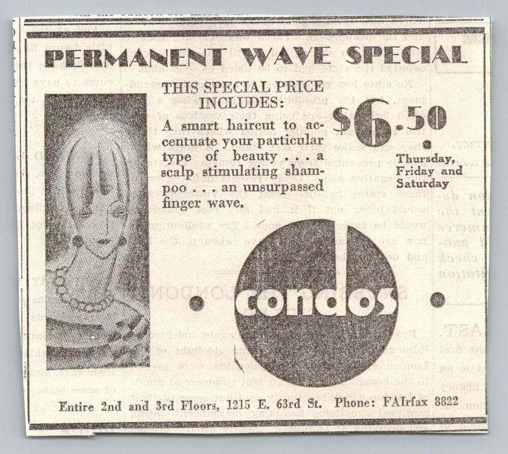 1933 Permanent Wave Flapper Hair Salon Ad Chicago FAirfax Phone Number Ephemera